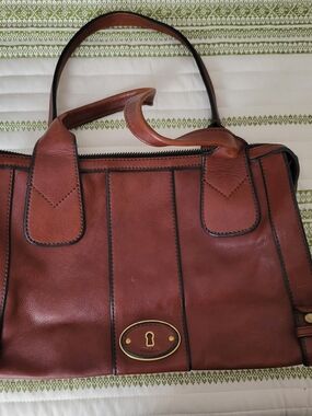 Fossil Brown Leather Bag with Brass Keyhole Accent